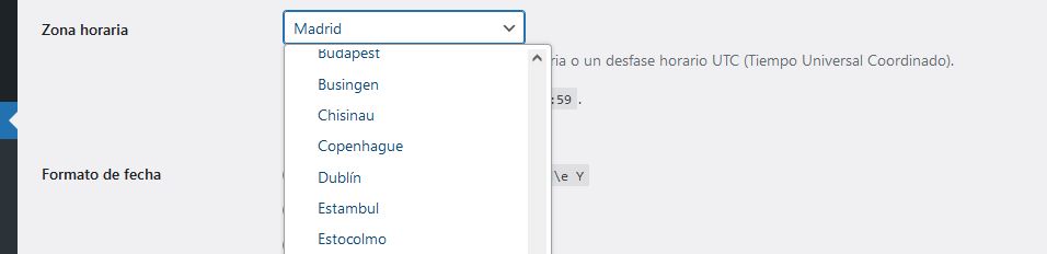 zona horaria zona horaria de WordPress